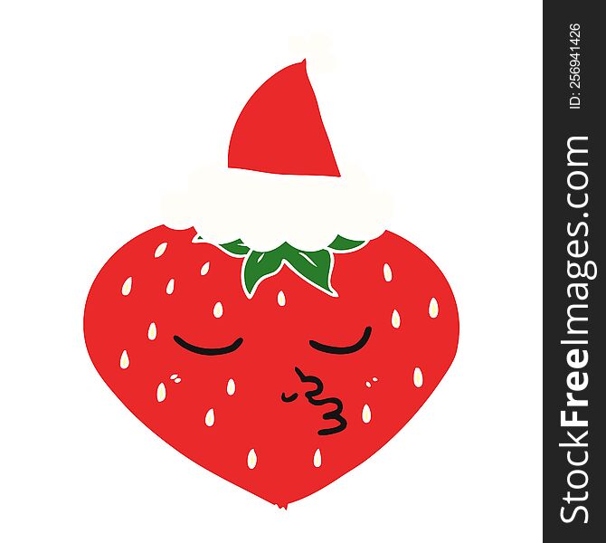 Flat Color Illustration Of A Strawberry Wearing Santa Hat