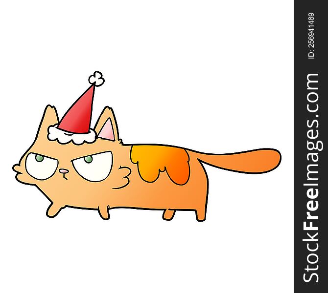 hand drawn gradient cartoon of a angry cat wearing santa hat