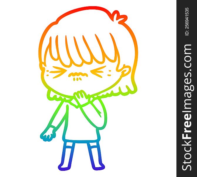 rainbow gradient line drawing of a cartoon girl regretting a mistake