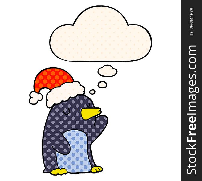 cute cartoon christmas penguin with thought bubble in comic book style