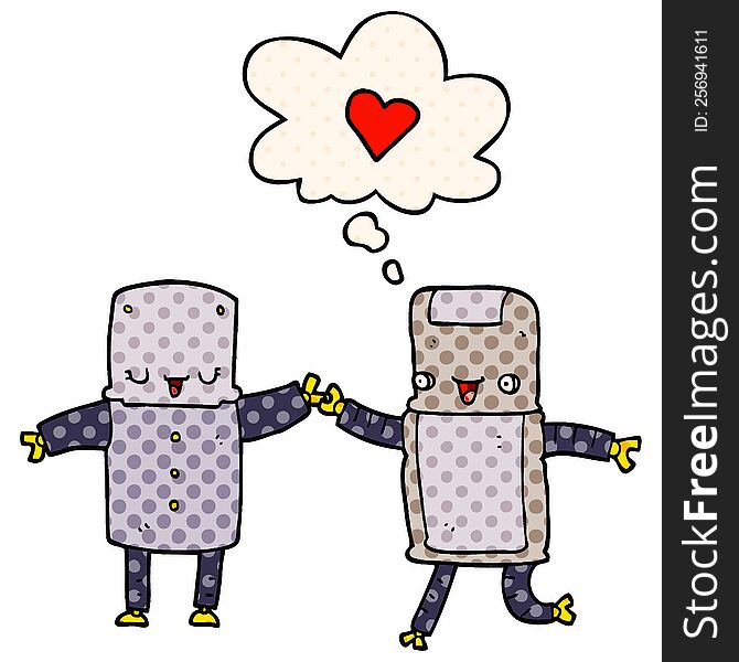 cartoon robots in love and thought bubble in comic book style