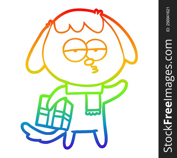 Rainbow Gradient Line Drawing Cartoon Bored Dog With Christmas Present