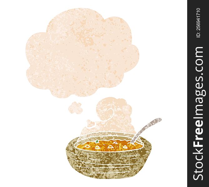 cartoon bowl of hot soup and thought bubble in retro textured style