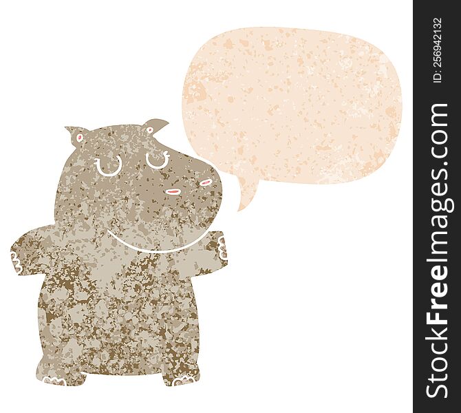 cartoon hippo with speech bubble in grunge distressed retro textured style. cartoon hippo with speech bubble in grunge distressed retro textured style