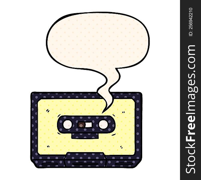cartoon old cassette tape with speech bubble in comic book style