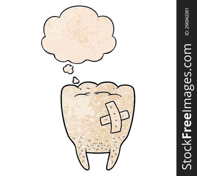 Cartoon Bad Tooth And Thought Bubble In Grunge Texture Pattern Style