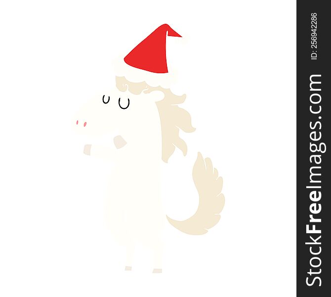 hand drawn flat color illustration of a horse wearing santa hat