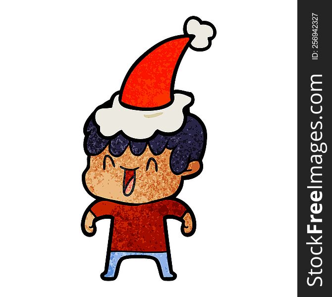 hand drawn textured cartoon of a laughing boy wearing santa hat