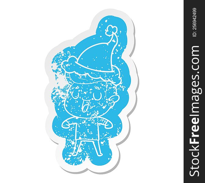 Happy Cartoon Distressed Sticker Of A Man Wearing Santa Hat