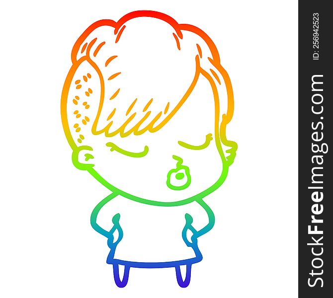rainbow gradient line drawing of a cartoon pretty hipster girl