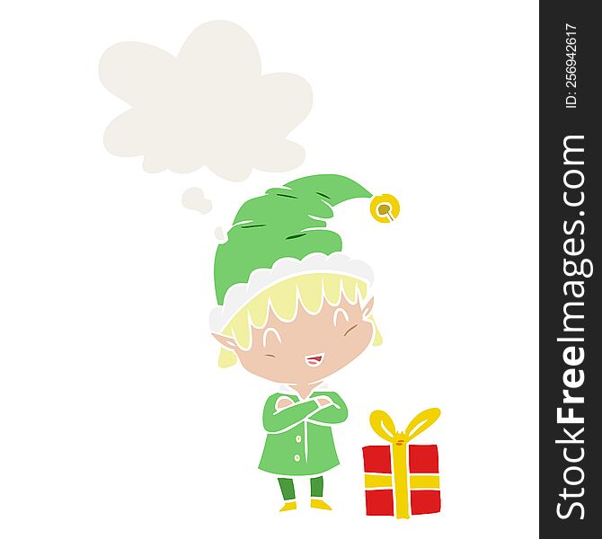 Cartoon Happy Christmas Elf And Thought Bubble In Retro Style