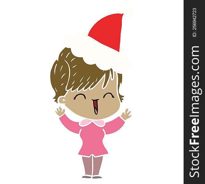 hand drawn flat color illustration of a laughing woman wearing santa hat