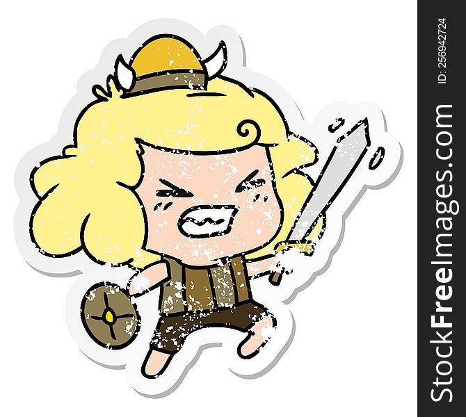 freehand drawn distressed sticker cartoon of kawaii viking child