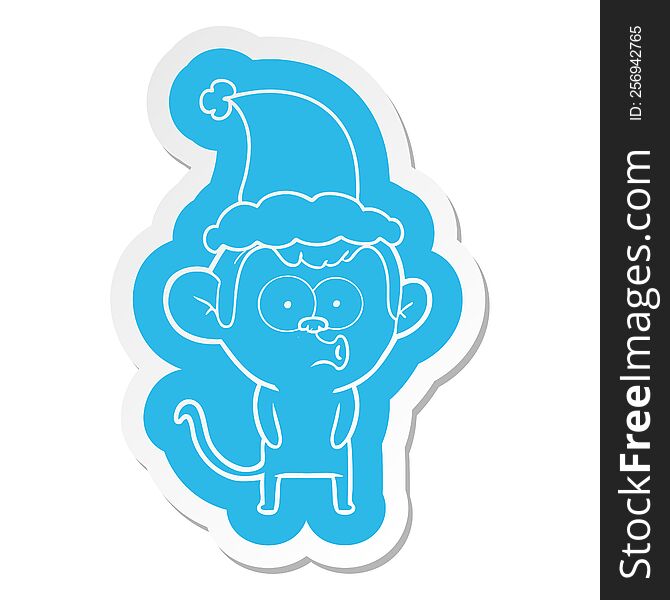 Cartoon  Sticker Of A Hooting Monkey Wearing Santa Hat