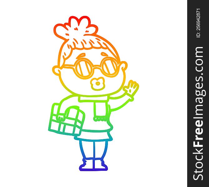 Rainbow Gradient Line Drawing Cartoon Woman Wearing Sunglasses