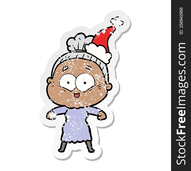 Distressed Sticker Cartoon Of A Happy Old Woman Wearing Santa Hat