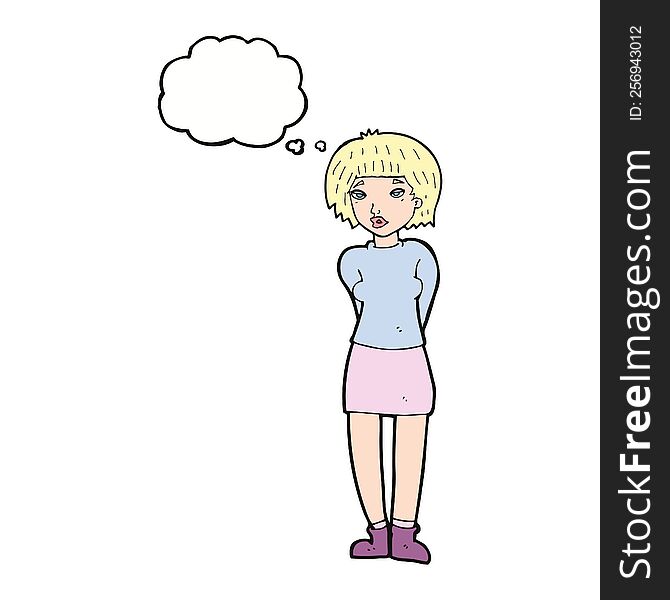 cartoon shy woman with thought bubble