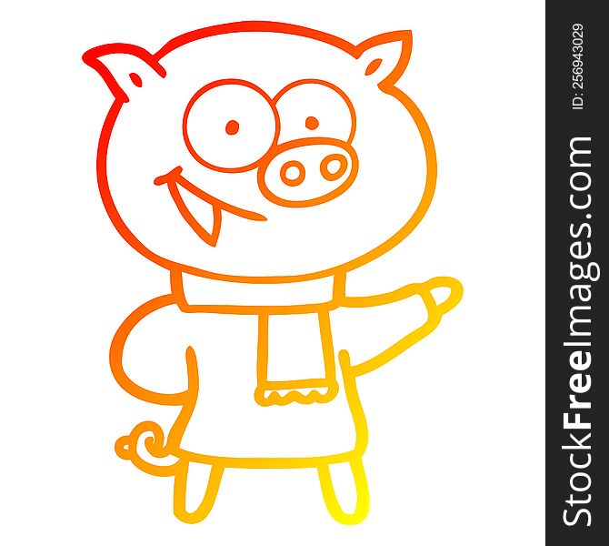 Warm Gradient Line Drawing Cheerful Pig Wearing Winter Clothes Cartoon