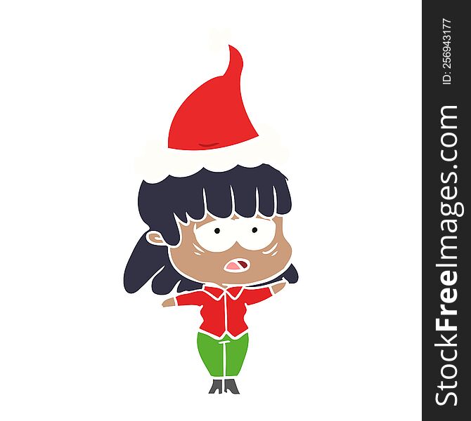 hand drawn flat color illustration of a tired woman wearing santa hat