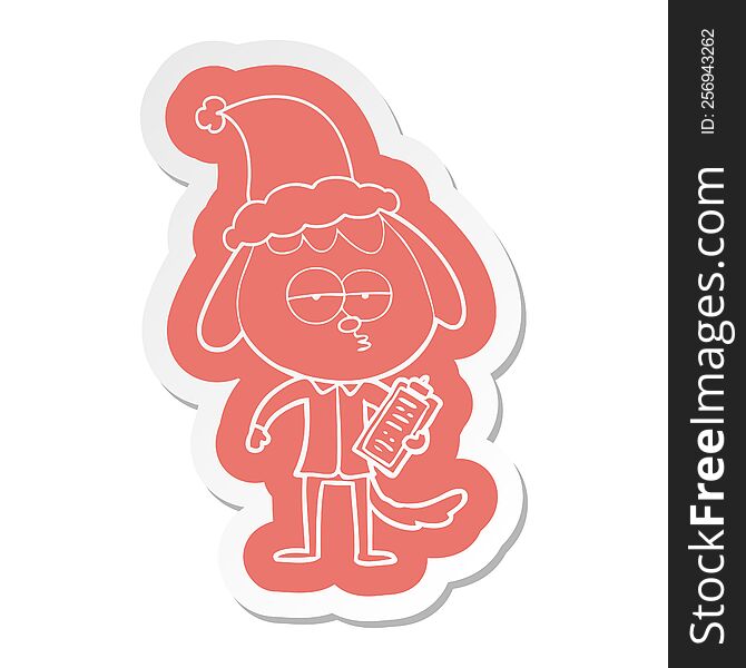 cartoon  sticker of a bored dog in office clothes wearing santa hat