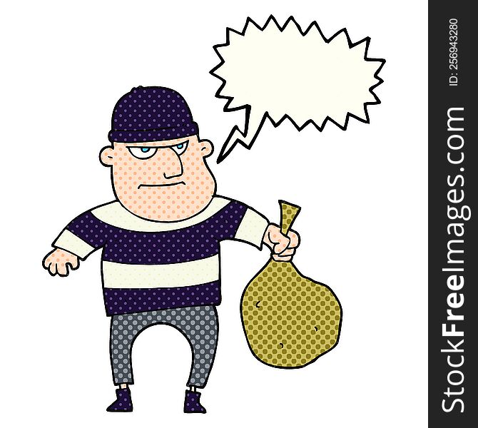 freehand drawn comic book speech bubble cartoon burglar with loot bag