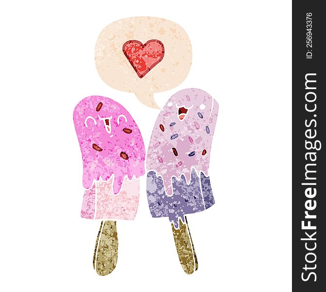 cartoon ice lolly in love and speech bubble in retro textured style