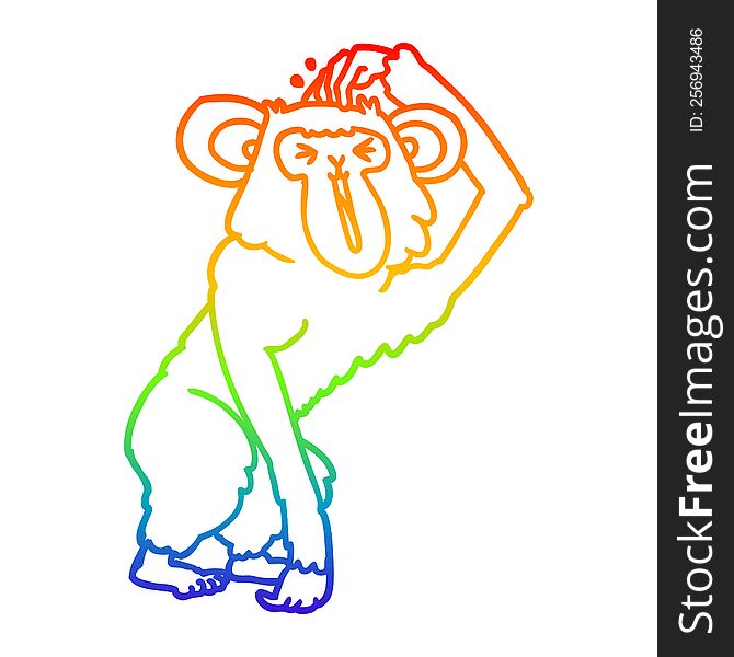 rainbow gradient line drawing cartoon chimp scratching head