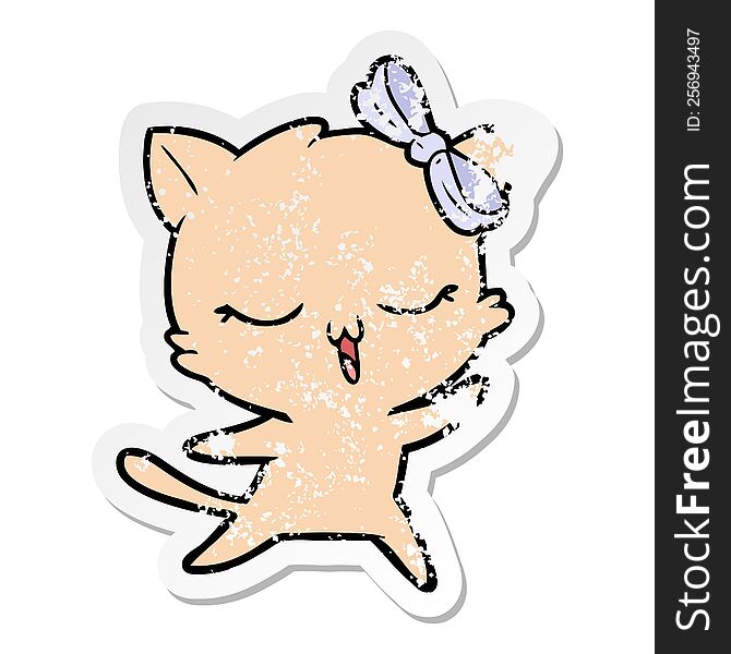Distressed Sticker Of A Cartoon Dancing Cat With Bow On Head