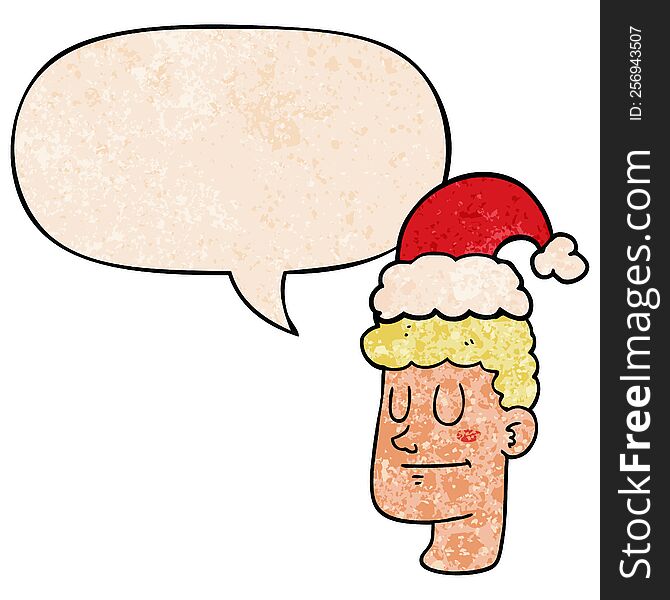 Cartoon Man Wearing Christmas Hat And Speech Bubble In Retro Texture Style