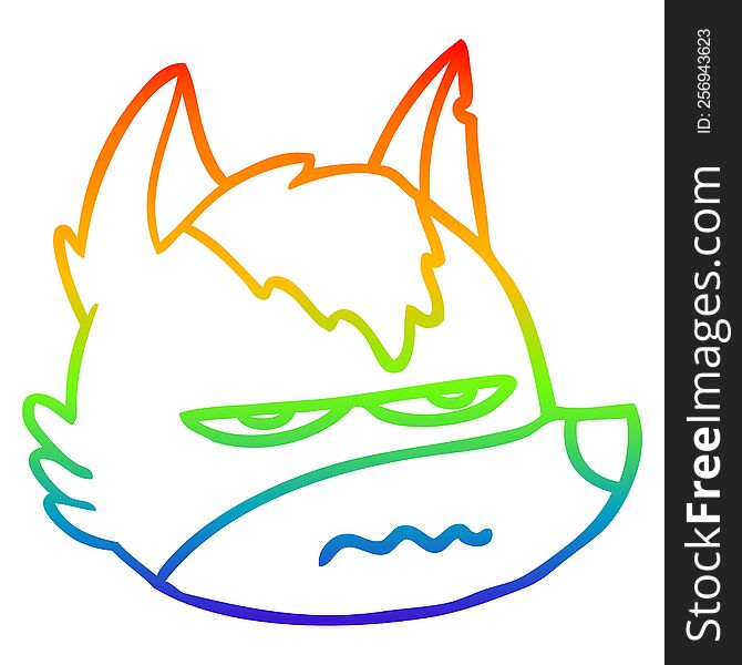 rainbow gradient line drawing of a cartoon annoyed wolf face