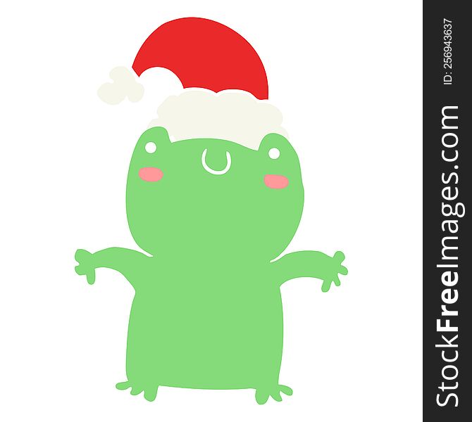 cute flat color style cartoon frog wearing christmas hat