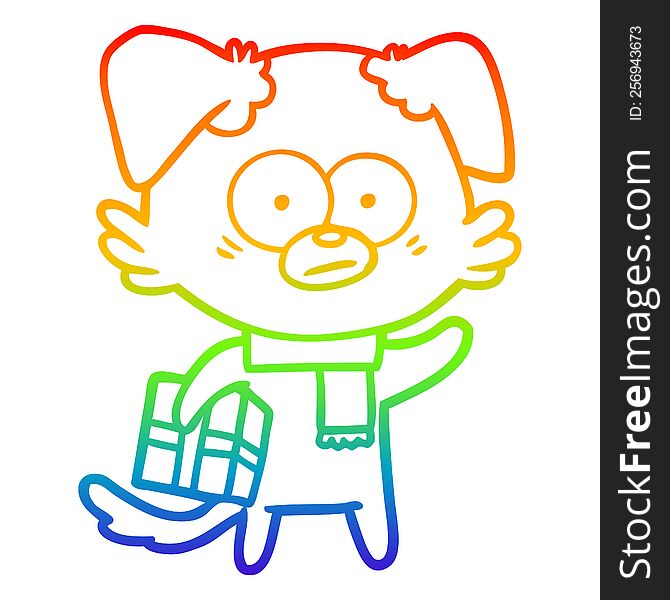 rainbow gradient line drawing of a nervous dog cartoon with gift