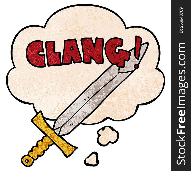 cartoon clanging sword with thought bubble in grunge texture style. cartoon clanging sword with thought bubble in grunge texture style