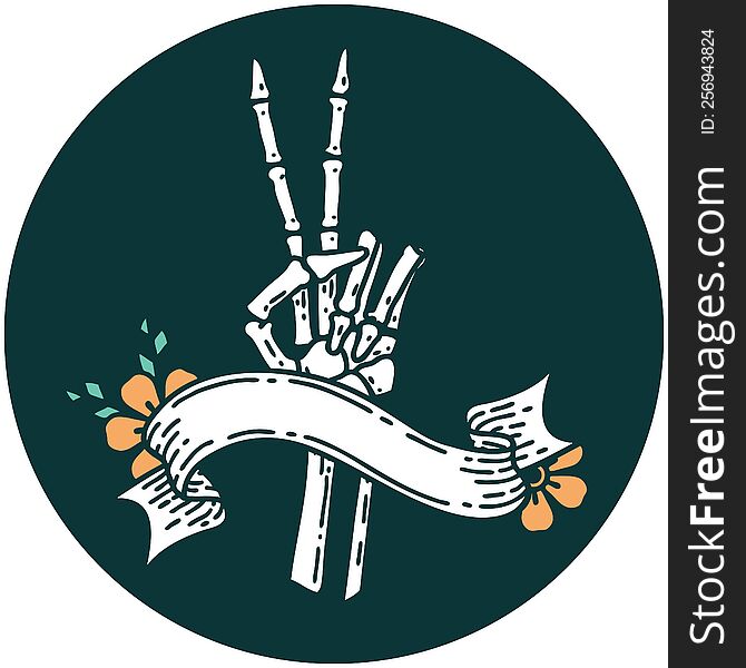 tattoo style icon with banner of a skeleton giving a peace sign. tattoo style icon with banner of a skeleton giving a peace sign