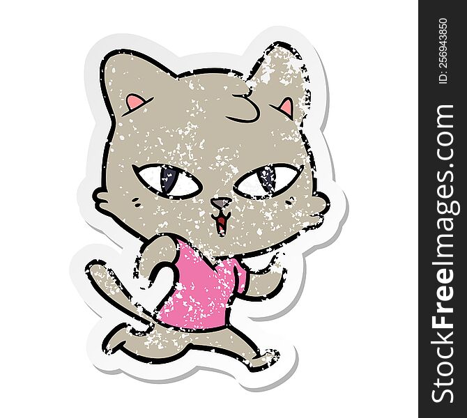 Distressed Sticker Of A Cartoon Cat Out For A Run