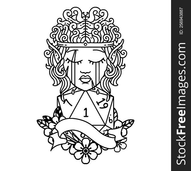 Black and White Tattoo linework Style sad elf barbarian character face with natural one D20 roll. Black and White Tattoo linework Style sad elf barbarian character face with natural one D20 roll