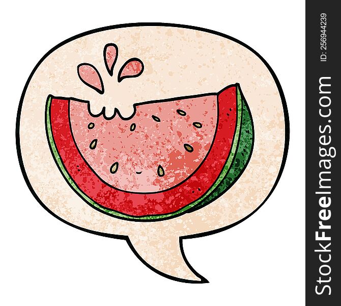 cartoon watermelon with speech bubble in retro texture style