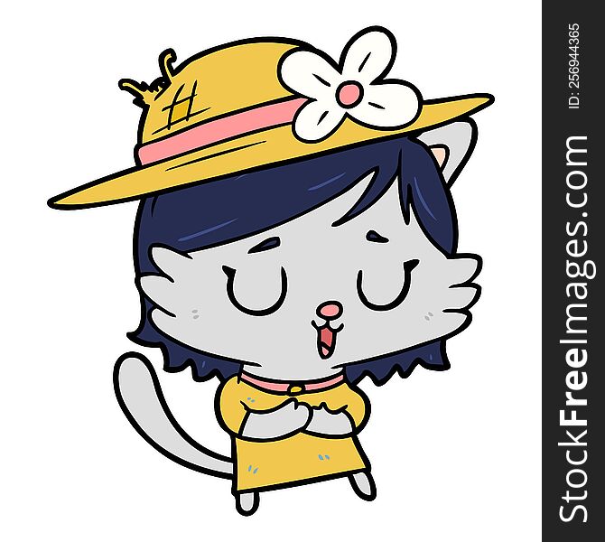 cartoon cat wearing summer hat. cartoon cat wearing summer hat