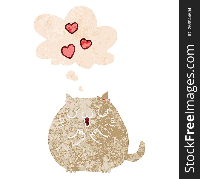 cute cartoon cat in love with thought bubble in grunge distressed retro textured style. cute cartoon cat in love with thought bubble in grunge distressed retro textured style
