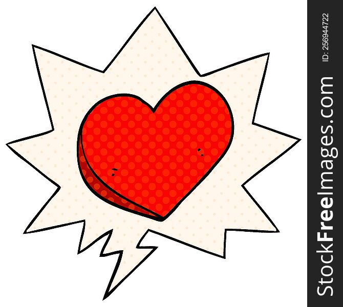 cartoon love heart and speech bubble in comic book style