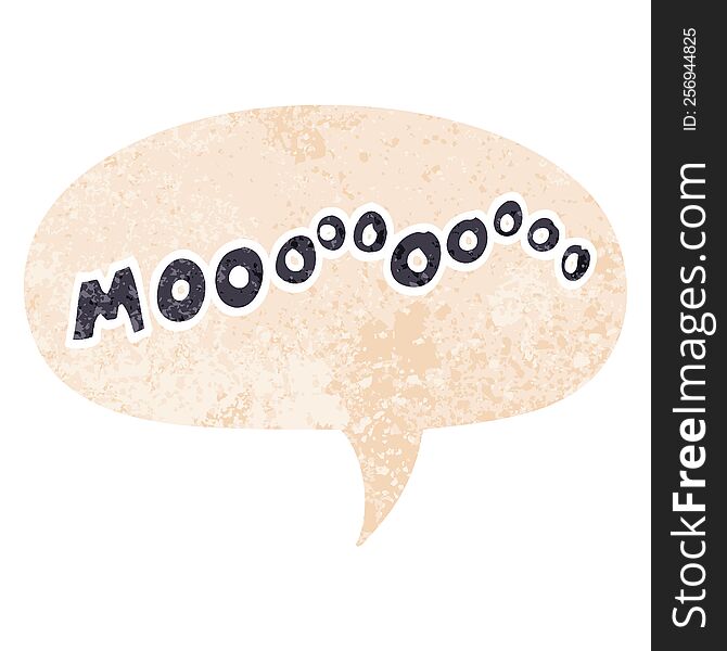 cartoon moo noise with speech bubble in grunge distressed retro textured style. cartoon moo noise with speech bubble in grunge distressed retro textured style