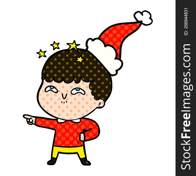 hand drawn comic book style illustration of a amazed boy wearing santa hat