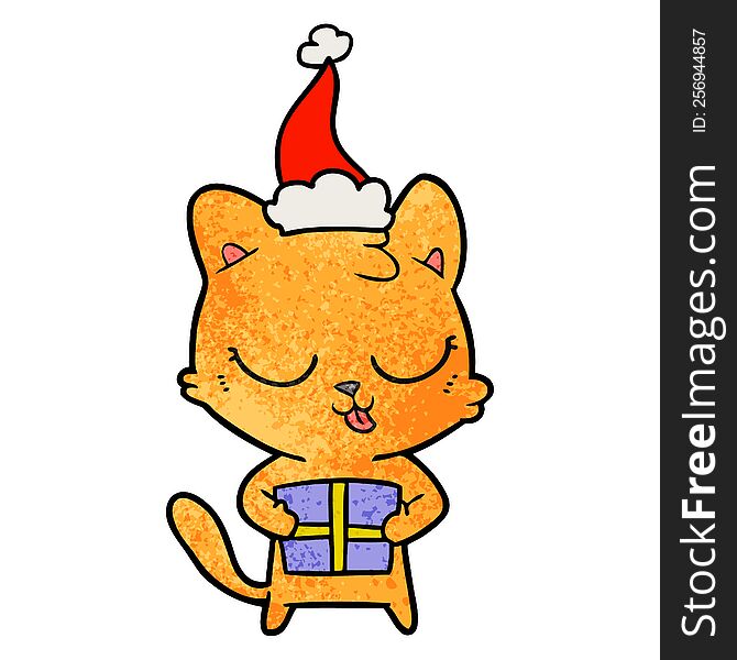 Cute Textured Cartoon Of A Cat Wearing Santa Hat