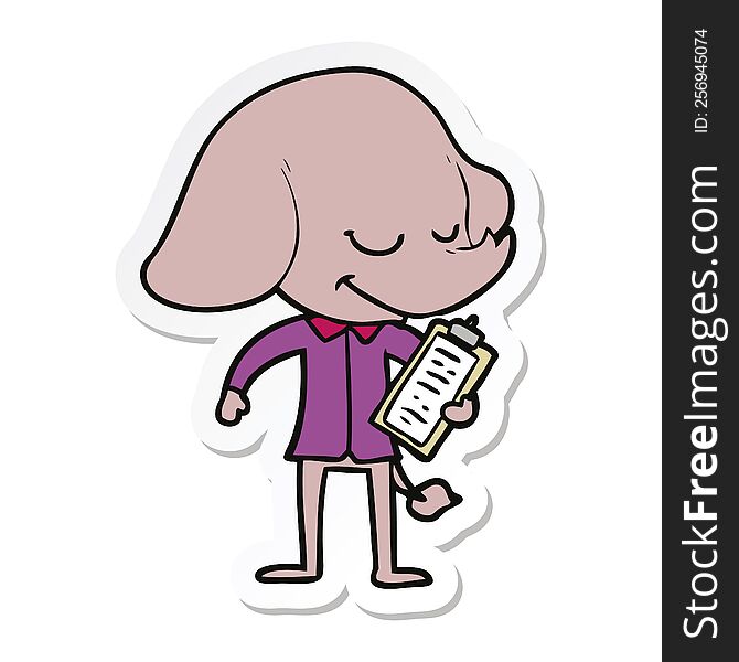 Sticker Of A Cartoon Smiling Elephant With Clipboard