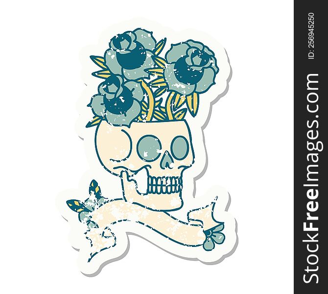 Grunge Sticker With Banner Of A Skull And Roses