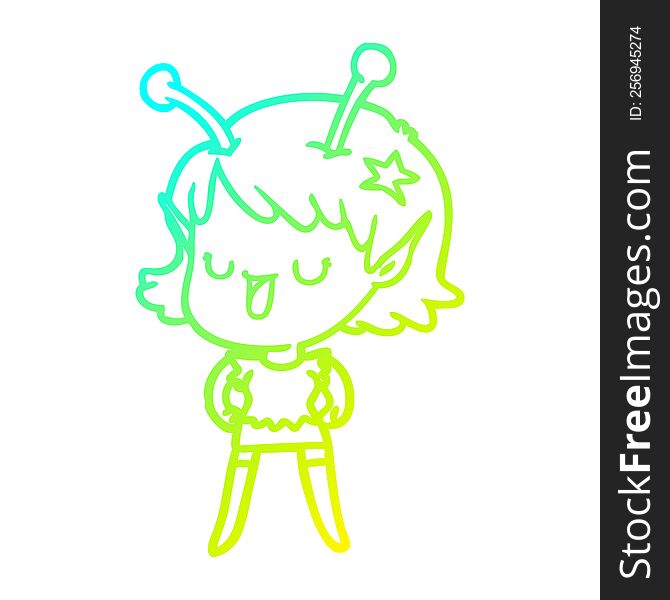 Cold Gradient Line Drawing Happy Alien Girl Cartoon