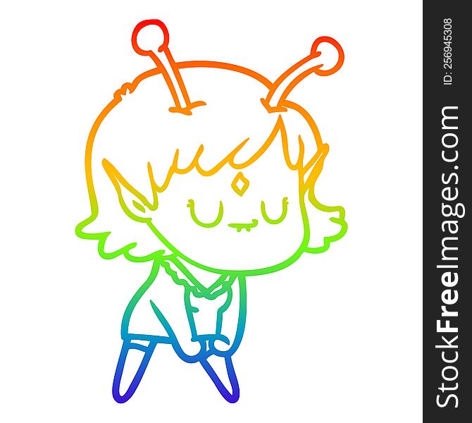 Rainbow Gradient Line Drawing Cartoon Alien Girl Doing Muscle Pose