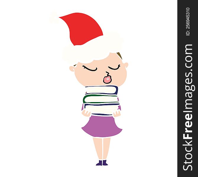 hand drawn flat color illustration of a calm woman wearing santa hat