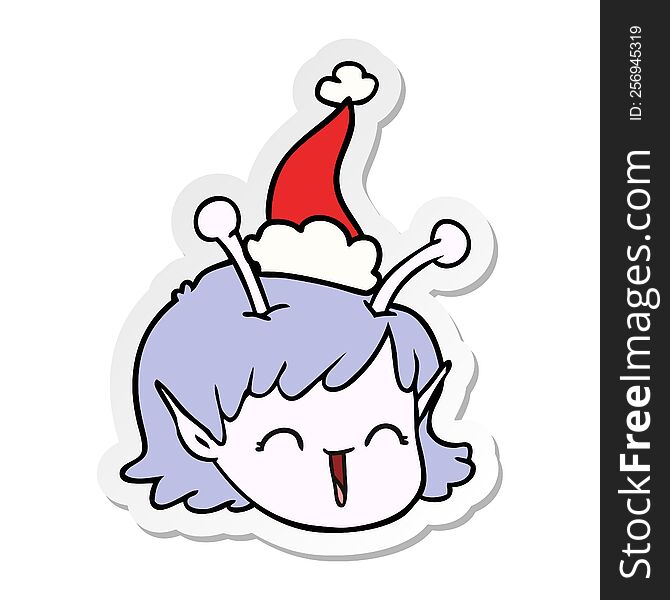 sticker cartoon of a alien space girl face wearing santa hat