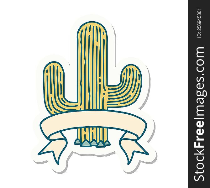 tattoo style sticker with banner of a cactus